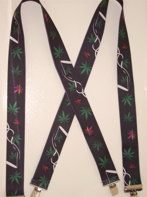 MARIJUANA LEAF 2"X48" Suspenders with 4 strong 1"x 1" Grips and 2 Length Adjusters in the front, all in NICKEL FINISH.   Entirely Stretchable Cotton/Polyester Material.            UA220N48LEAF